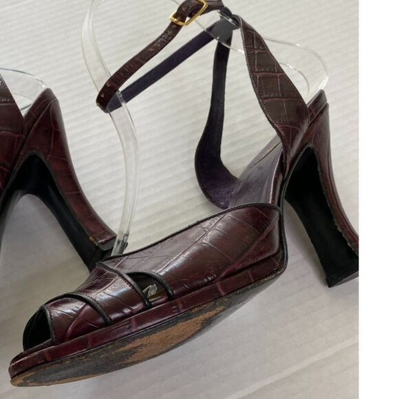 Mariani Studio Vtg. Italian Croc-Embossed Brown Leather Ankle-Strap Heels US 6 - Picture 2 of 7